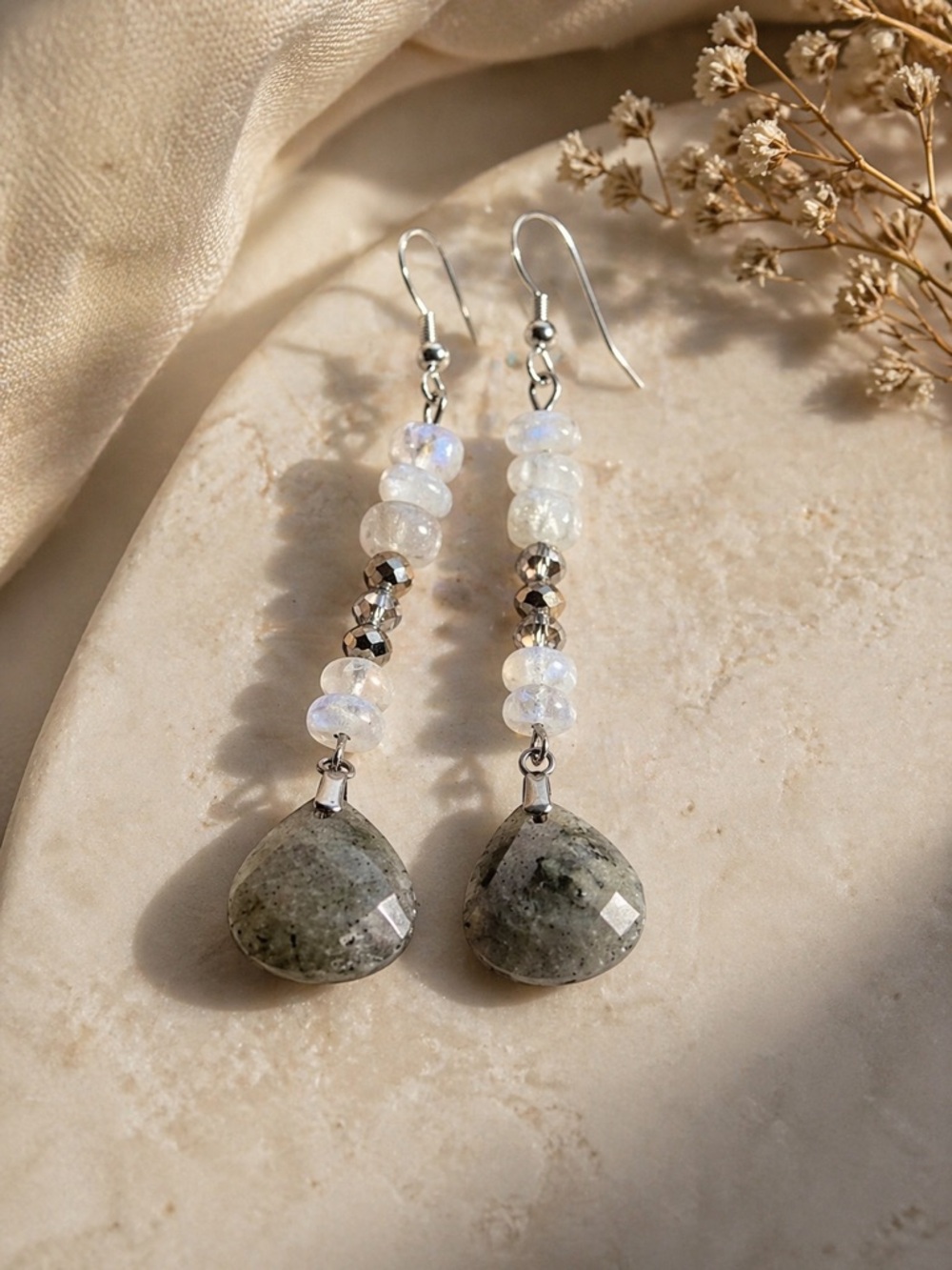 ✧ Artisan Hand-Crafted ✧ Rainbow Moonstone & Grey Labradorite Drop Earrings ✧